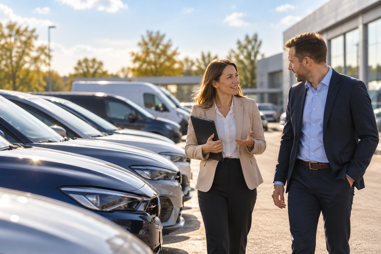 two people talking at a car dealership