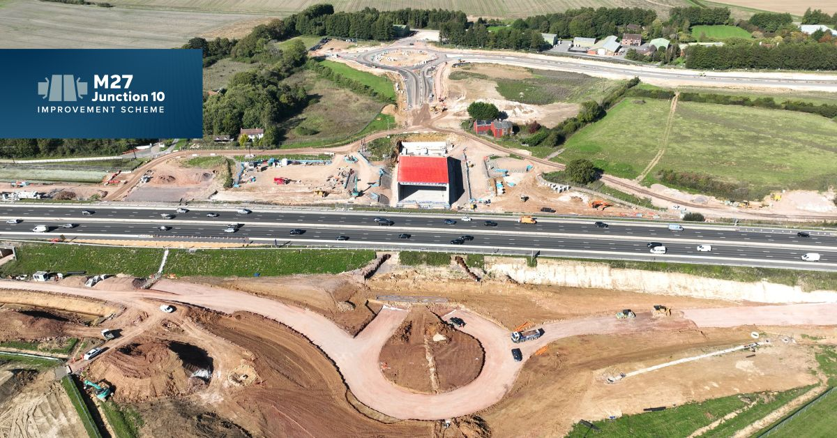 Aerial view of works to M27 junction 10