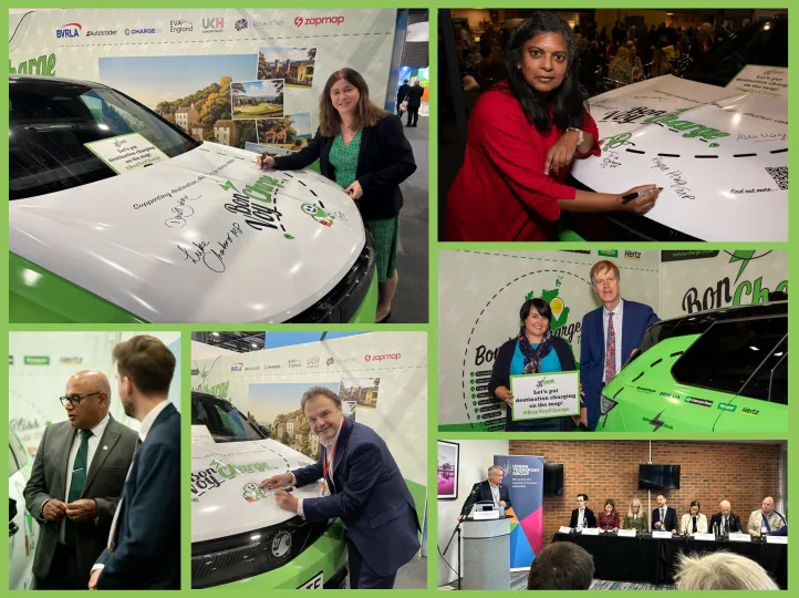 Images showing Labour Party Conference stand with visiting MPs, some are shown signing the Bon VoyCharge pledge car to support destination charging