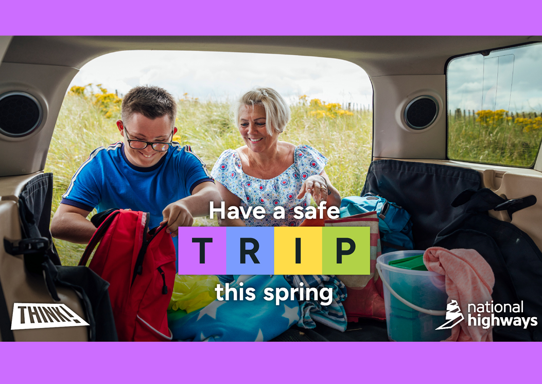 National Highways Have a safe TRIP this spring. A young man and older woman are at the back of a car on a day out