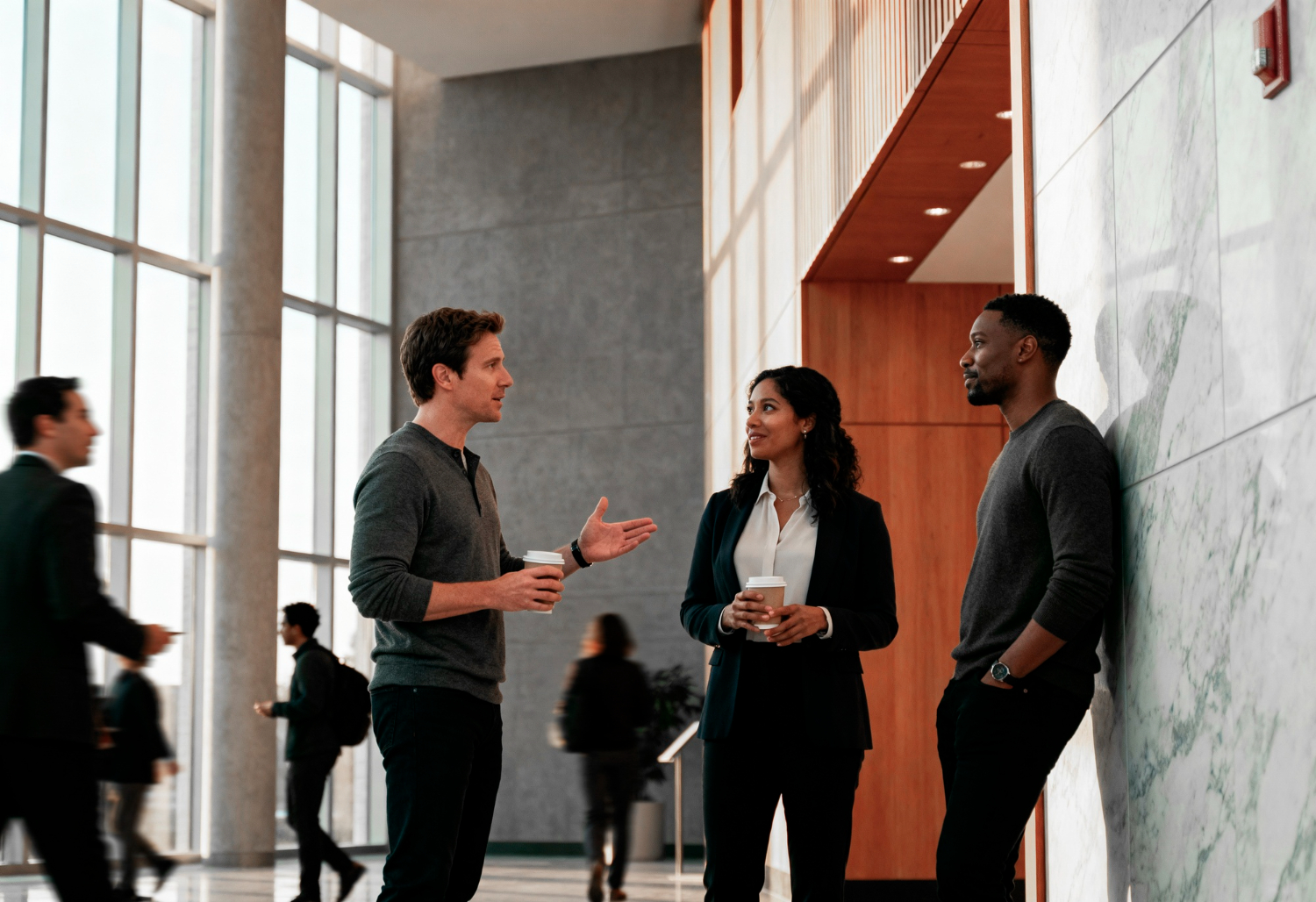 three people talking
