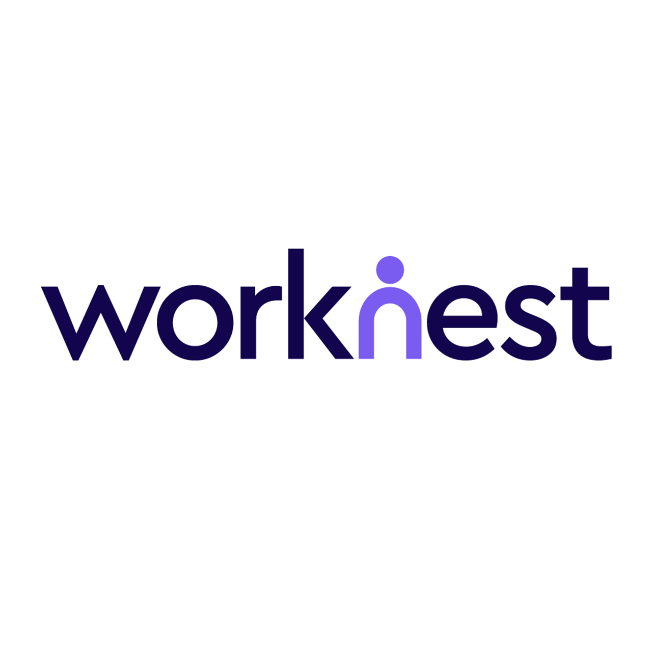 WorkNest logo, depicting the company name in a dark blue font, except for the 'N' which is lilac and styled to look like an icon of a person
