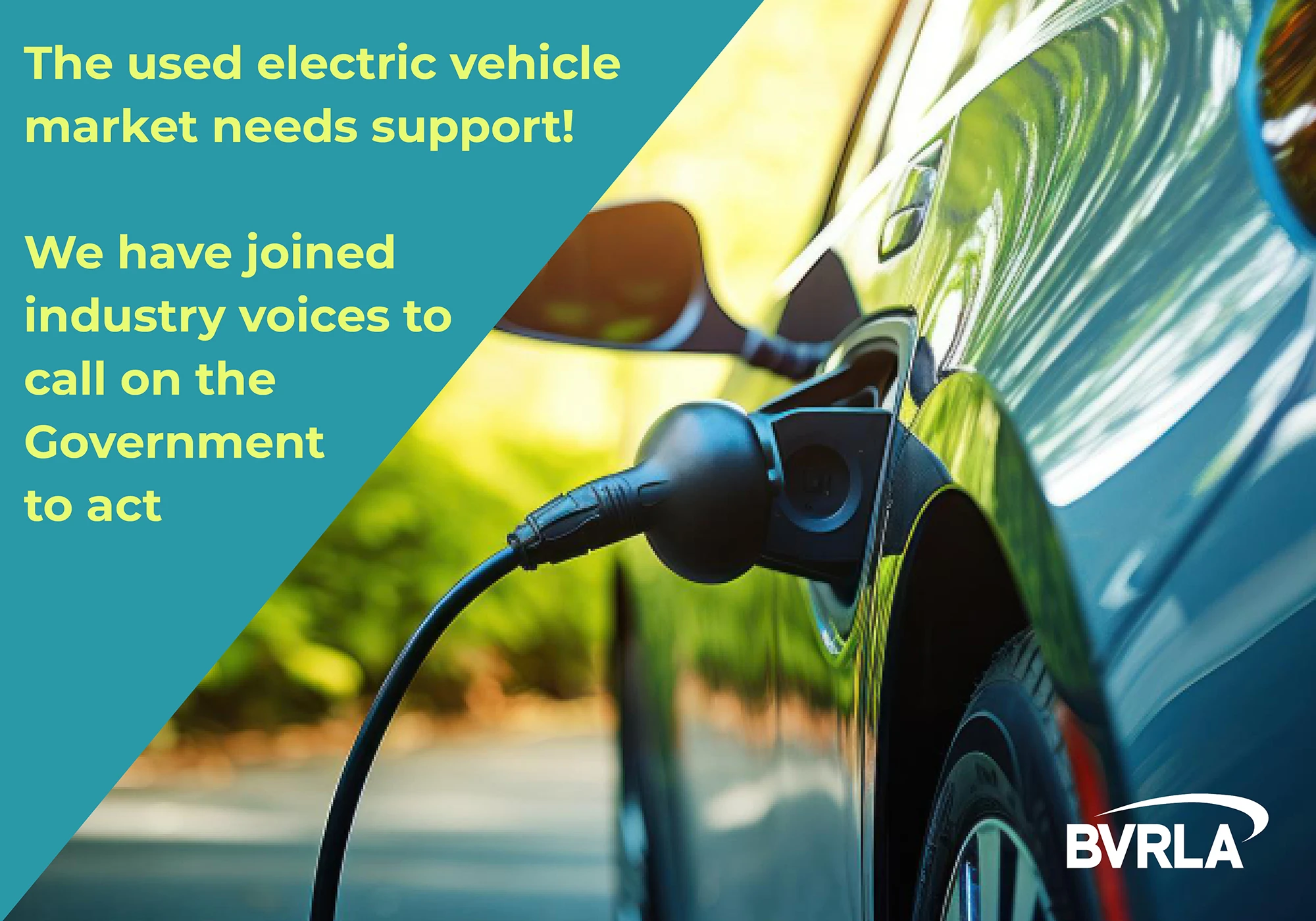 A campaign tile with text saying "The used electric vehicle market needs support! We have joined industry voices to call on the Government to act".
