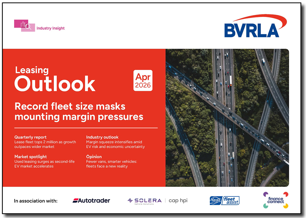 Front cover of BVRLA Leasing Outlook report, April 2025. Title is Record fleet size masks mounting margin pressures
