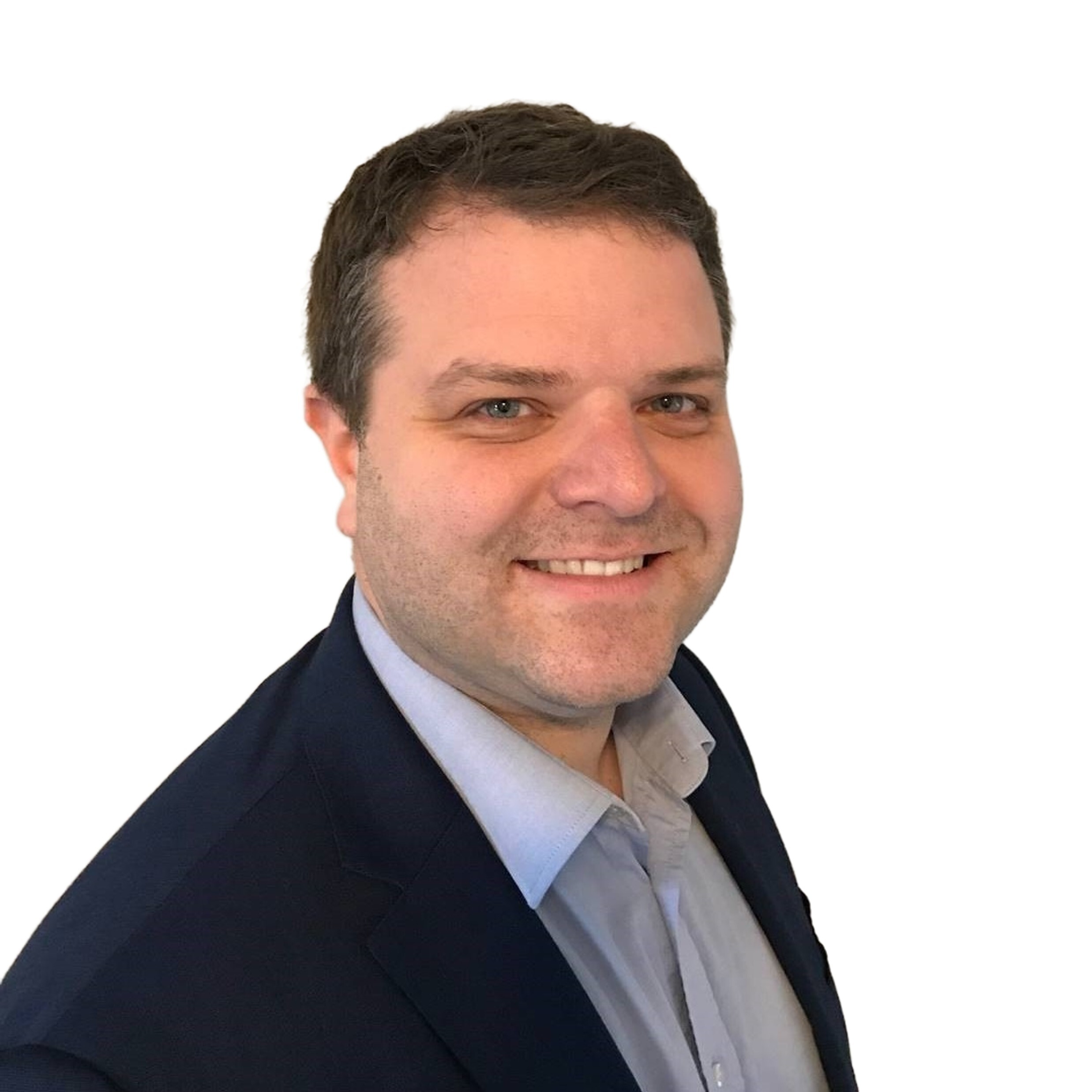 Headshot of Michael Skinner on a white background. Michael is wearing a smart blue shirt and dark suit jacket