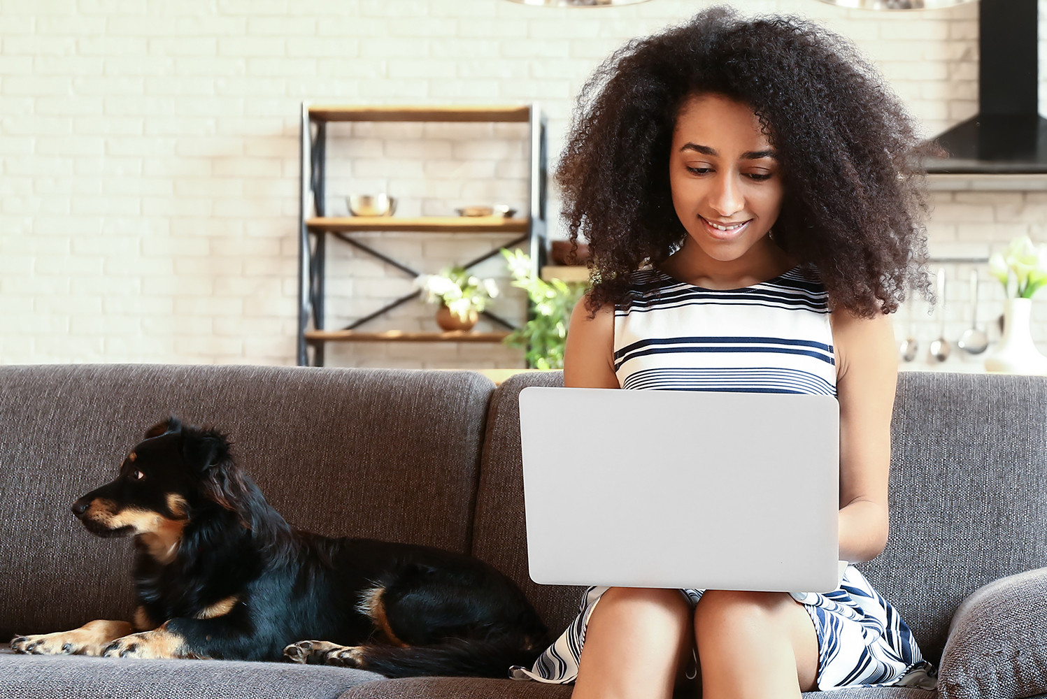 Female sitting on a sofa with laptop, kitchen type background, little black and brown dog next to her on sofa