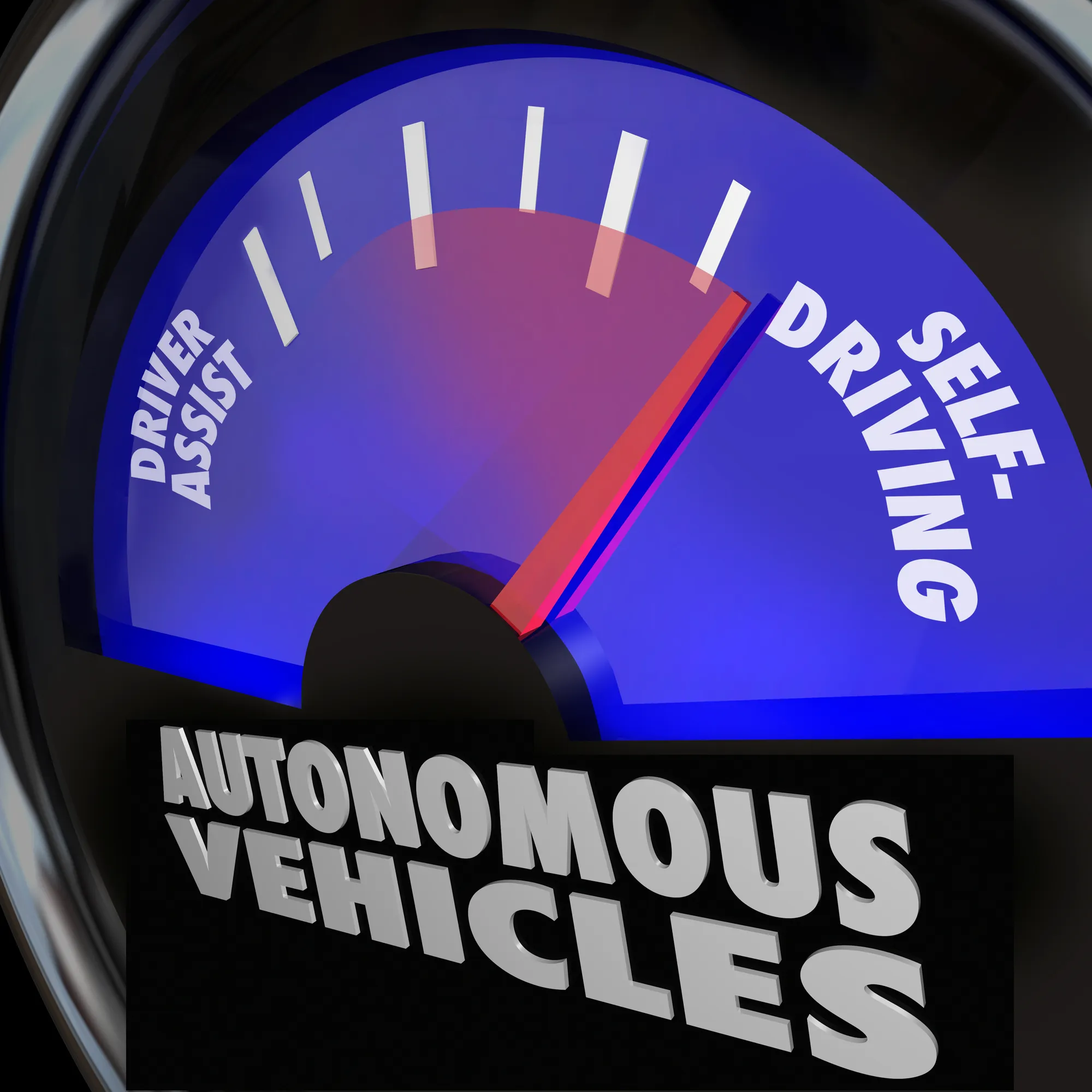 Mock up speedometer with Autonomous Vehicles, Driver Assist and Self-Driving shown