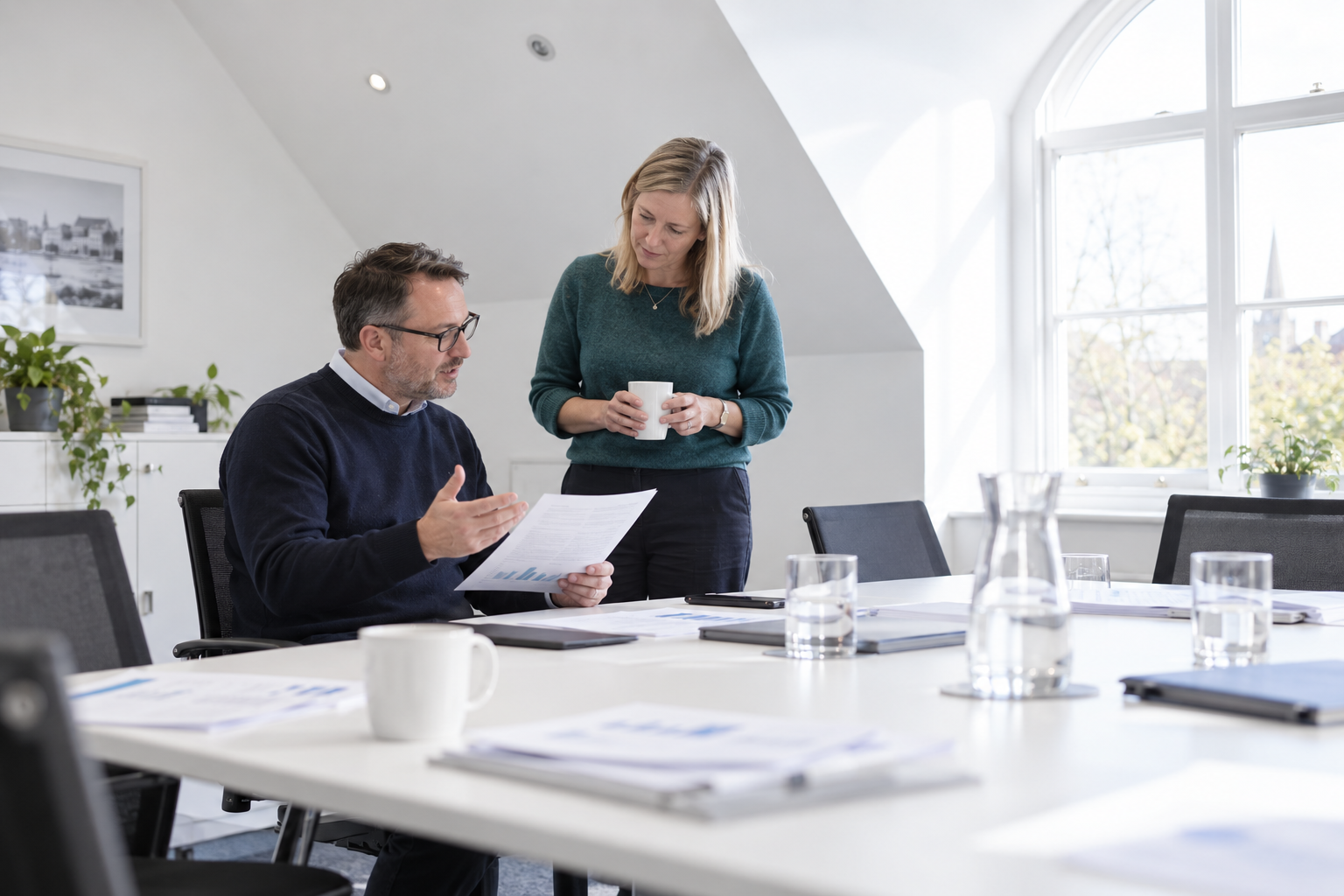 man at desk talking to a female member