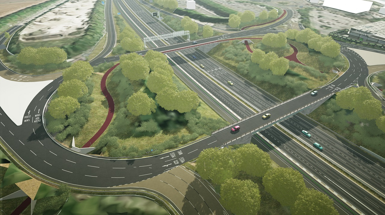 M3 motorway junction 9 scheme overview showing roads and trees